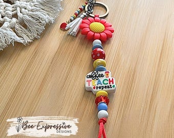 Handmade Teacher Keychain: Daisy, Apple Charm, Beaded Tassel, Choose Clasp