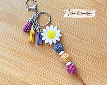 Handmade Sunflower Keychain: Rhinestone Beads, Suede Tassel Charm