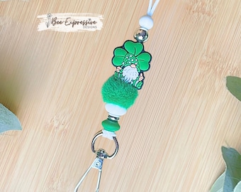 Handmade, St Patrick’s Day Gnome, Lanyard: Furry Beads, Spacers, Breakaway Clasp