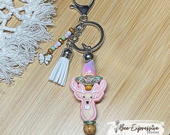 Handmade Deer Keychain: Beaded Tassel, Wood Beads, Acrylic Tulip