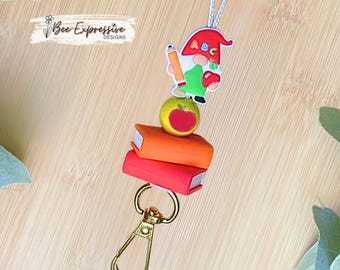 Handmade Teacher Gnome Lanyard: Book Beads, Apple Bead, Cord