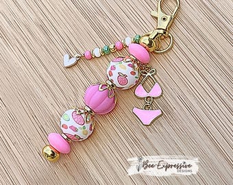 Handmade, Summer Keychain or Bag Accessory: Fruity Beads, Bikini and Heart Charms,
