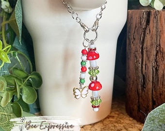 Mushroom Beaded Tumbler Charm Chain: Glass Mushroom Beads, Butterfly Pendant, Acrylic Tassel