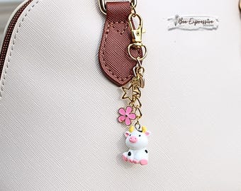 Handmade, Acrylic Cow, Charm Chain: White Heart, Star Charm, Pink Flower