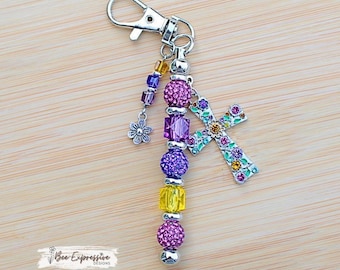 Handmade, Rhinestone Cross,  Keychain / Charm Chain: Purple, Yellow, Blue