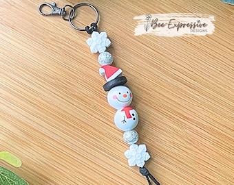 Handmade Christmas Snowman Keychain: Wood Beads, Snowflake Charm