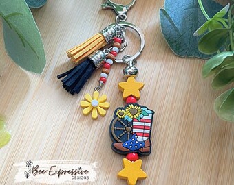 Handmade Western Boot Keychain: Beaded Tassel, Wood Star Charm