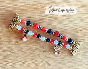 Handmade Ladybug Beaded Apple Watch Bracelet: Gold Toned Custom Size