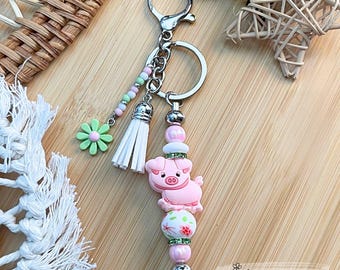 Handmade Pink Pig Keychain: Beaded Tassel, Rhinestones & Daisy Charm
