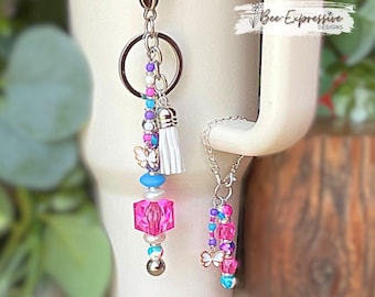 Handmade Tumbler Charm Chain & Keychain Set: Butterfly Charm, Acrylic and Iridescent Beads