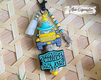 Handmade Wallen Keychain: Turquoise Cowboy Hat, Beaded Tassel & Boot Charm