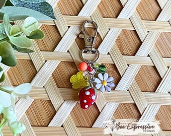Handmade, Strawberry Charm Chain or Bag Accessory! Daisy & Butterfly Charms, Swivel Clasp