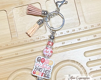 Handmade Coffee Keychain: Good Vibes & Hot Coffee, Tassel Charm, Choose Clasp
