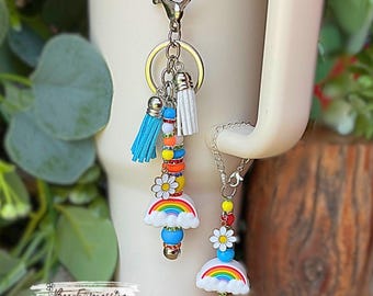 Rainbow Keychain & Tumbler Charm Set: Beaded Tassels, Daisy Charm