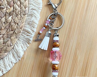 Handmade Beaded Keychain: Wood, Silicone, Rhinestone Beads With Love Charm