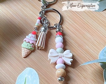 Handmade Beaded Ice Cream Keychain: Dessert Charm, Pastel Tassel