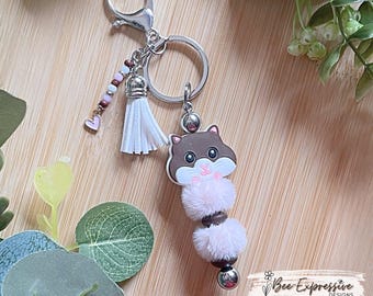 Handmade Hamster Keychain: Furry Beads, Acrylic Tassel, Heart Charm