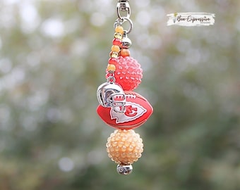 Handmade, Custom, Chiefs Football Beaded Keychain: Custom Clasp, Helmet Charm