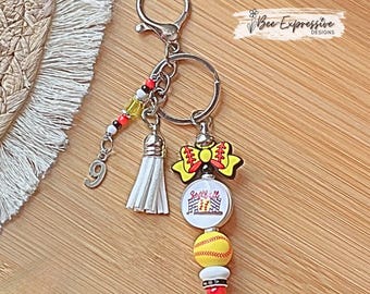 Handmade Softball Mom Keychain: Beaded Tassel, Jersey Number Charm