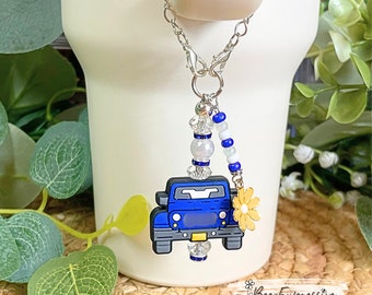 Handmade, blue 4x4 vehicle charm chain for a tumbler! Acrylic beads, lobster claw clasps, rhinestones, beaded tassel, yellow metal charm!