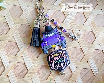 Handmade Purple 4x4 Keychain: Boot Charm, Just a Small Town Girl Black Hat