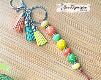 Handmade Beaded Keychain: Polka Dot Wood Beads & Tassels