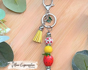 Strawberry Beaded Keychain: Charm, Tassel & Butterfly charm