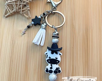 Handmade Silicone Cow Keychain: Cowboy Hat, Beaded Tassel, Cross Charm, Choose Clasp