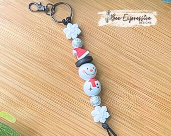Handmade Christmas Snowman Keychain: Wood Beads, Snowflake Charm