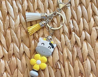 Handmade Cow & Daisy Beaded Keychain: Silver Lobster Clasp with Tassels