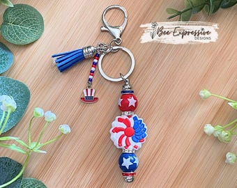 Handmade Americana Keychain: Wood Beads, Rhinestone, Tassel Charm