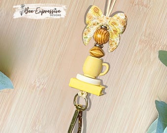 Handmade, Bow and Coffee Cup Lanyard: Break Away Clasp, Swivel End