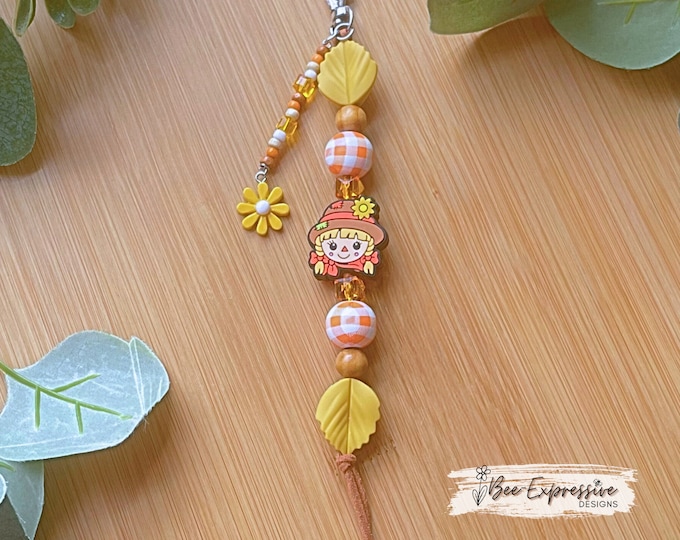 Featured listing image: Handmade Scarecrow Keychain: Beaded Tassel, Wood Gingham & Flower Charm