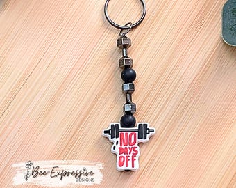 Handmade Weightlifting Keychain: 'No Days Off' Silicone Bead & Dumbbells