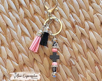 Handmade Wood Cross Keychain: Beaded Bar, Rhinestone Spacers, Tassel