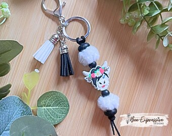 Handmade Cow Keychain: Beaded Keyring with Tassels