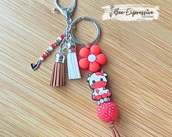 Handmade Red Cow Keychain: Beaded Tassel, Daisy Flower, Heart Charm