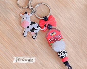 Cow Charm Keychain: Red Barn, Furry Bead, Black Suede Cord