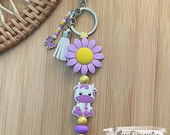Beaded Cow Keychain: Purple Sunflower, Butterfly Charm, Tassel