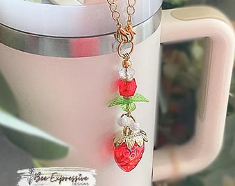 Handmade Beaded Strawberry Tumbler Charm for Stanley: Glass, Acrylic & Faux Pearl Chain