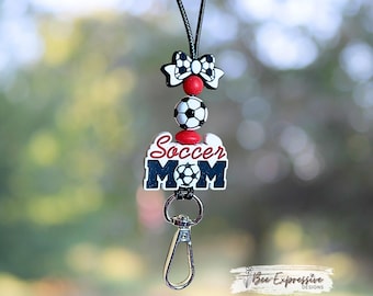 Handmade, Soccer Mom Lanyard: Silicone, Soccer Ball, Bow Breakaway Clasp