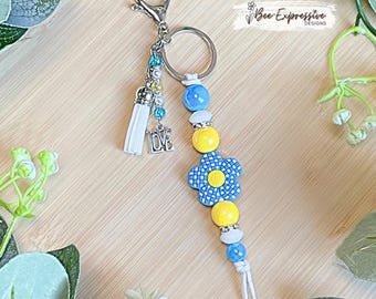 Handmade Blue Dotted Daisy Flower Keychain: Rhinestone Spacers, LOVE Charm