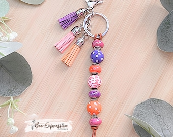 Handmade, Beaded Keychain: Polka Dot Wood Beads & Tassels