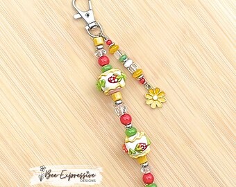 Handmade Strawberry Beaded Keychain or Bag Accessory:  Daisy Charm, Acrylic Painted Beads