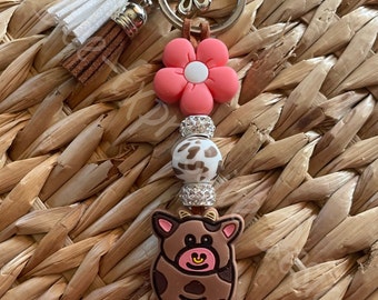 Handmade Cow Keychain: Rhinestone Flower Charm, Tassel Keyring