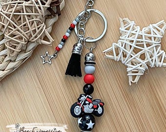 Handmade Motorcycle Keychain: Red, Gray, and Black Beaded Bag Charm