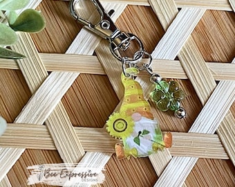 Handmade, Sunflower Gnome Bag or Tumbler Cham:  Swivel clasp, beaded tassel with flower