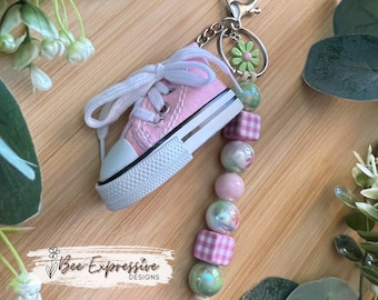 Handmade Pink Sneaker Keychain: Checkered Beads, Daisy Charm