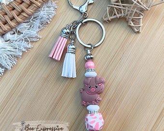 Handmade, Pig Beaded Keychain: Rhinestone Accents, Tassel Charm