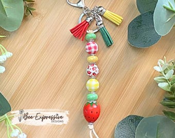 Handmade Beaded Strawberry Keychain: with a Gingham Bead & Tassels